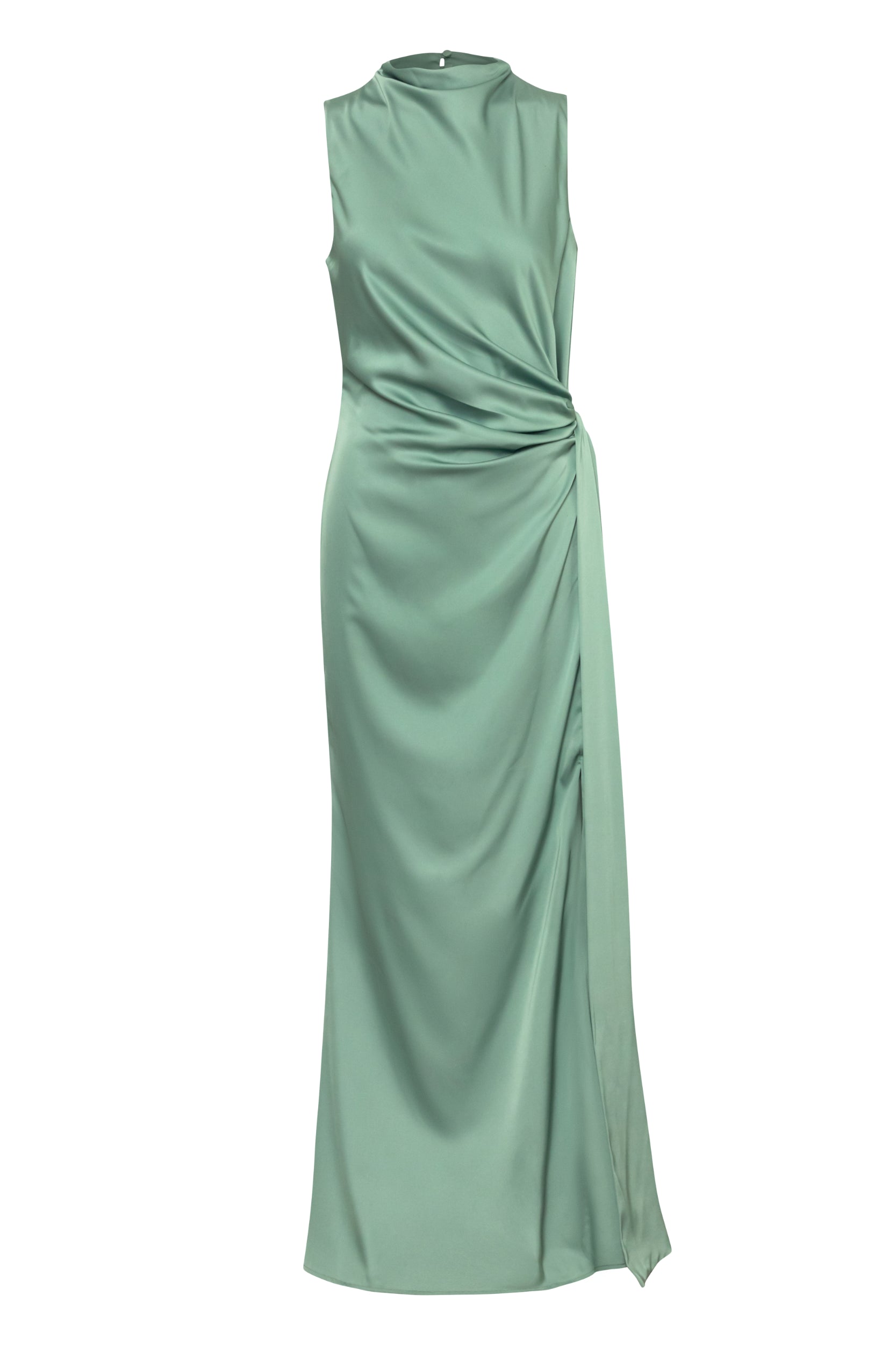 Baobab Vitto Maxi Dress in Jade color silk, full front view on white background.