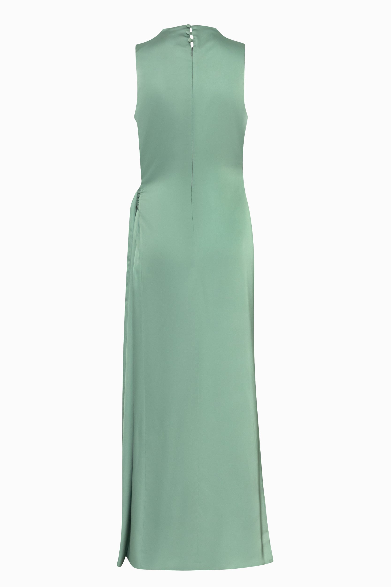 Back view of the Baobab Vitto Maxi Dress in Jade color, showing the fluid fall of the silk.