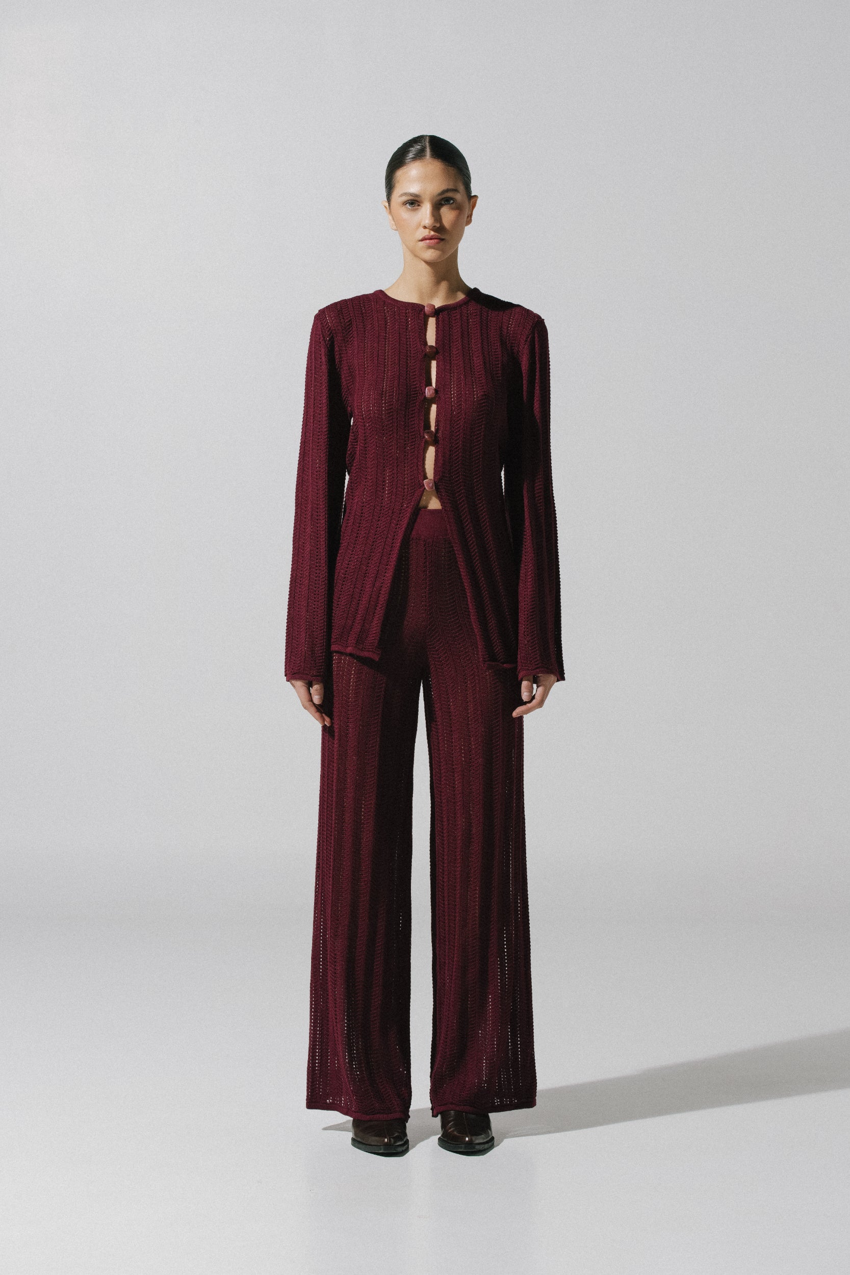 Corsica Pants by Baobab in burgundy color, Straight-leg and High-rise in Semi-sheer fabric.