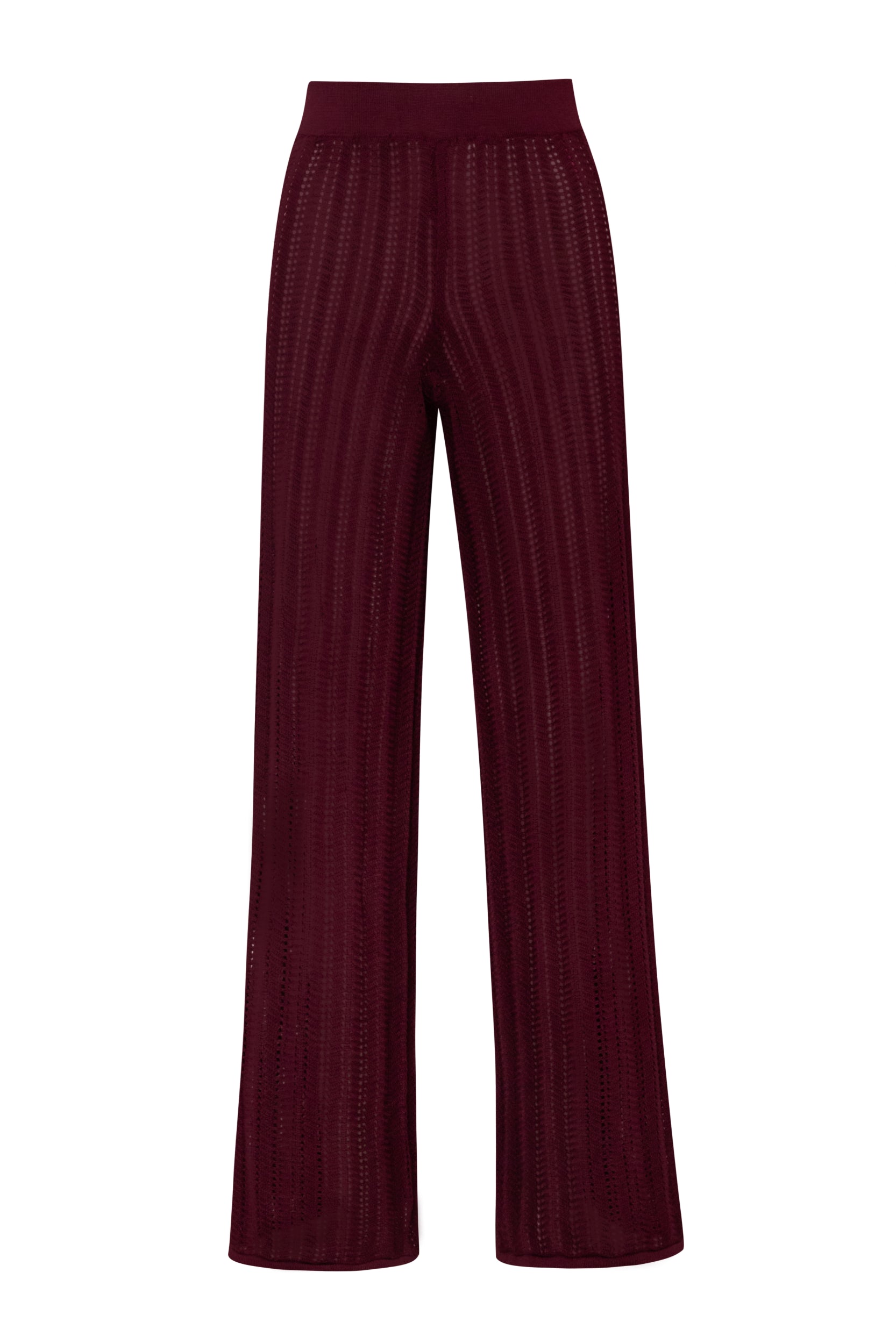 Burgundy Corsica Pants, front view with Elastic waistband and structured fall.