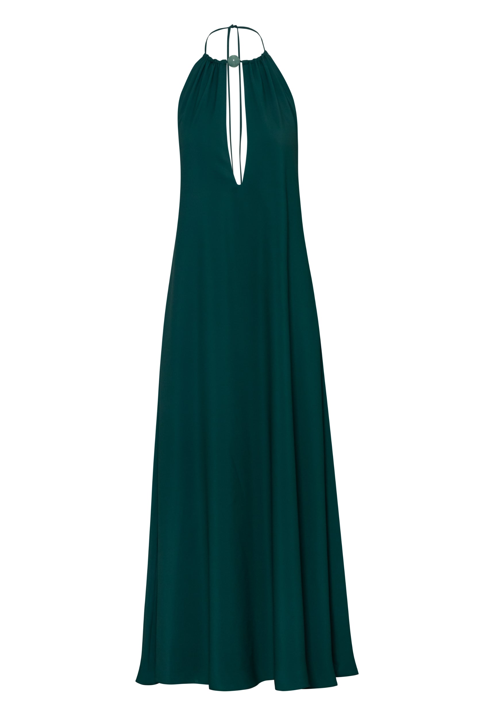Emerald green Rondine Dress with Open back, Halter Neckline and fluid fall.