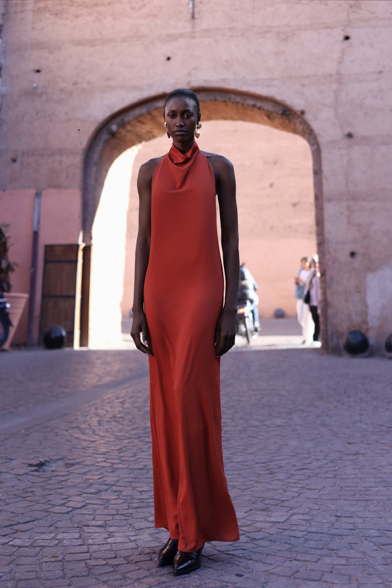 Consu Dress by Baobab in terracotta color, Halter Neckline with Open back and sophisticated fall.