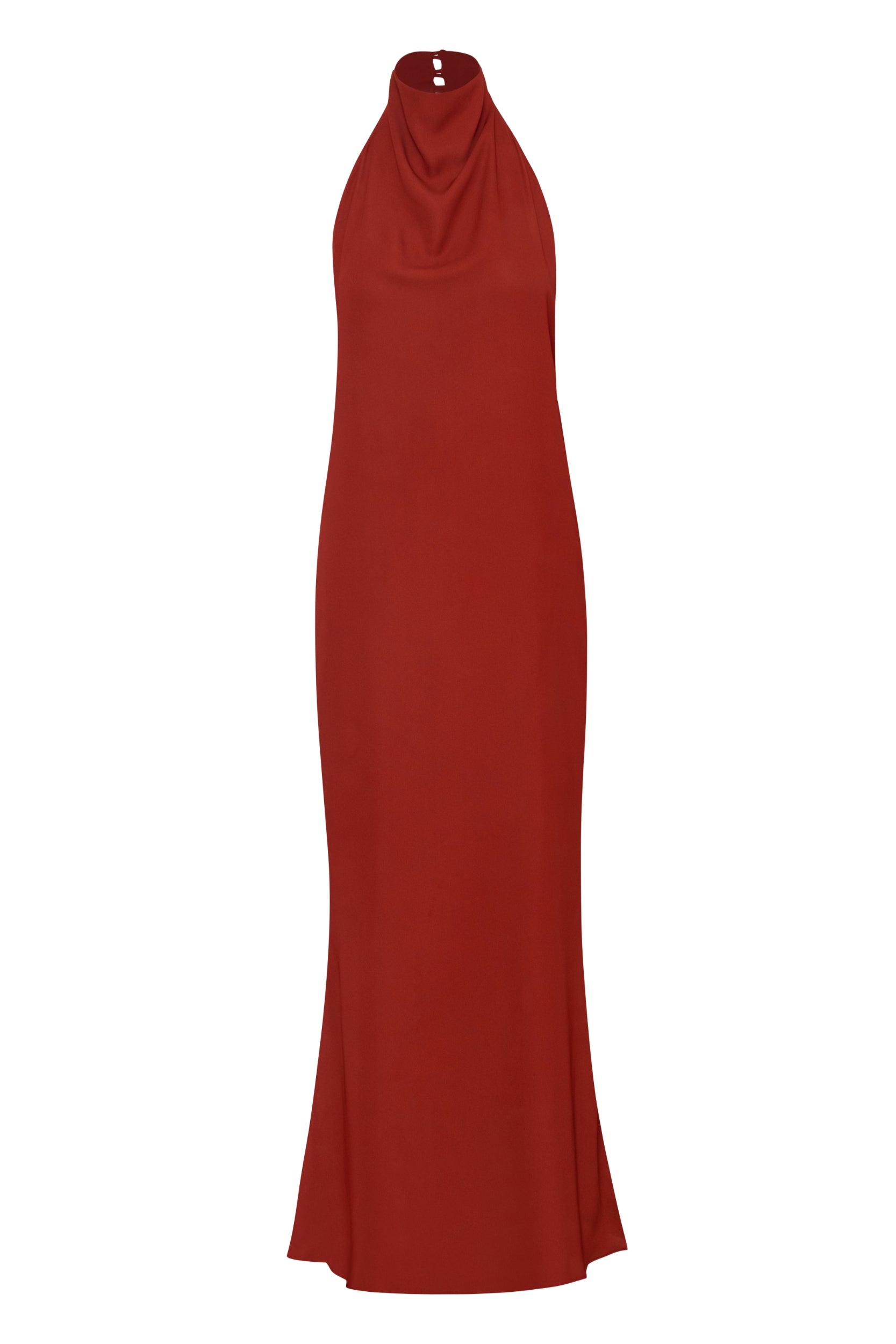 Terracotta Consu Dress with Halter Neckline, Asymmetrical hem and fluid fall.