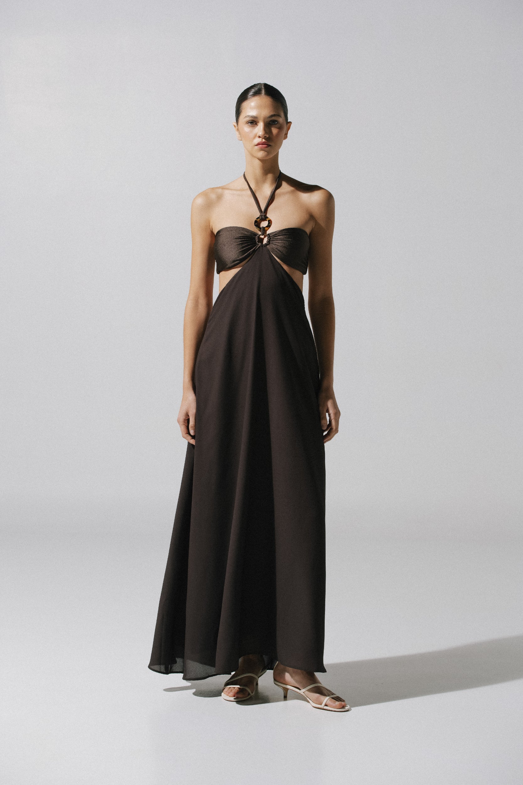 Yvon Maxi Dress Brown in Lycra and Chiffon