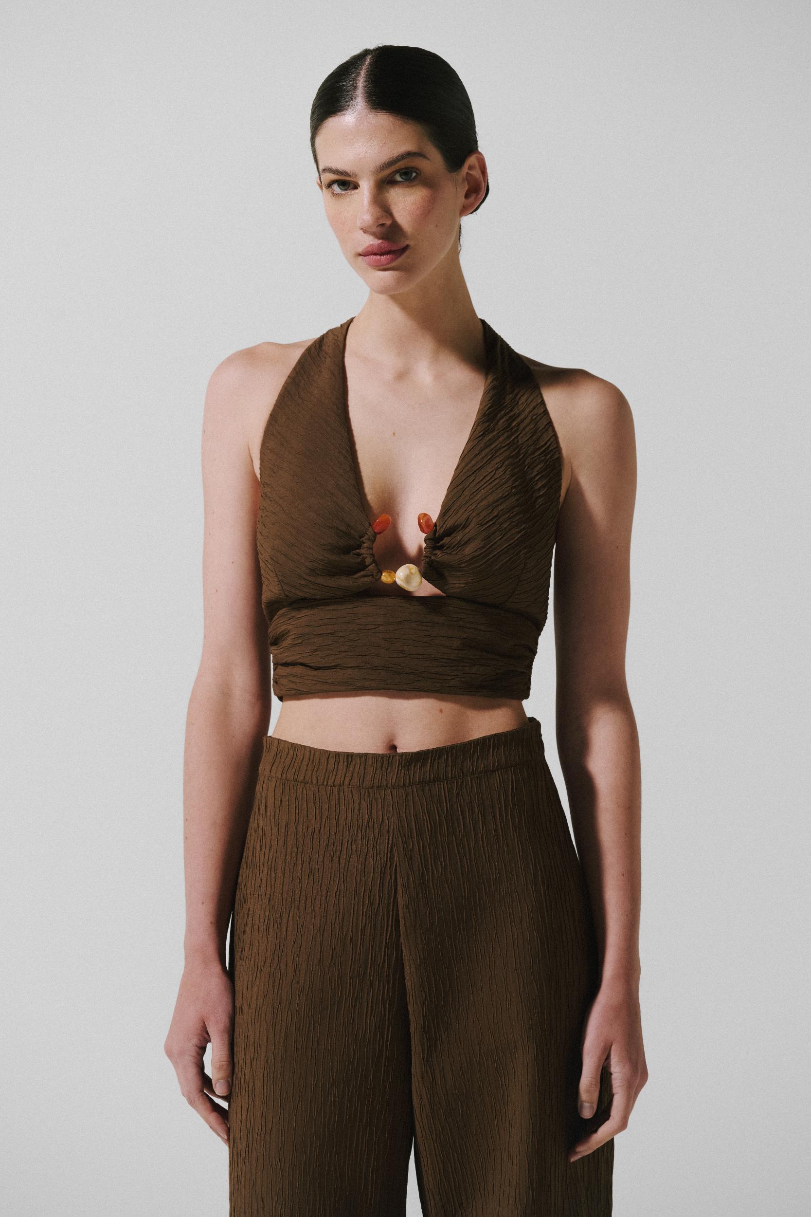 Louise Crop Top Brown in Textured Fabric - Spring Summer 26