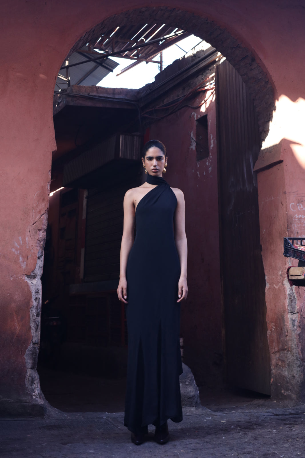 Ari Dress by Baobab in black, Scarf detail on shoulder and elegant silhouette.