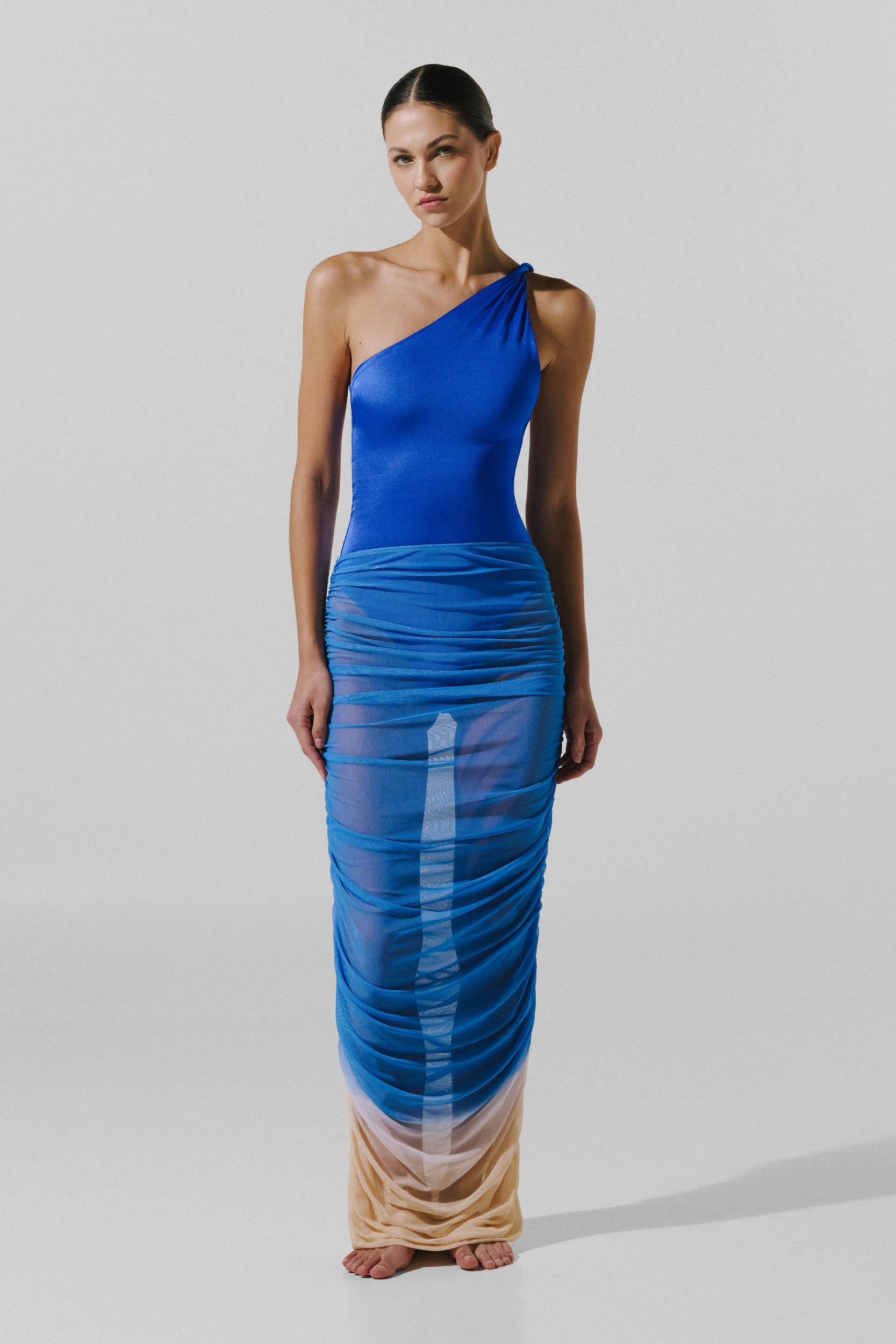chinese dress ladies Bahia Maxi Pareo Blue and Beige in Mesh