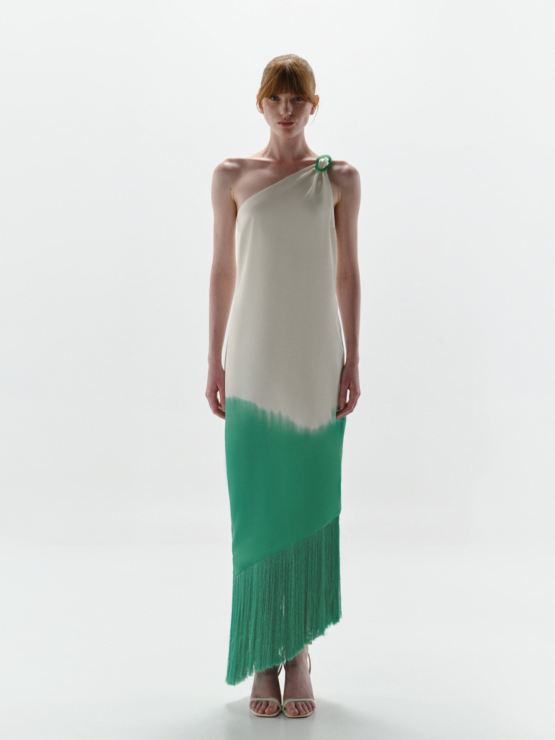 Amelia Maxi Dress White and Green in Satin