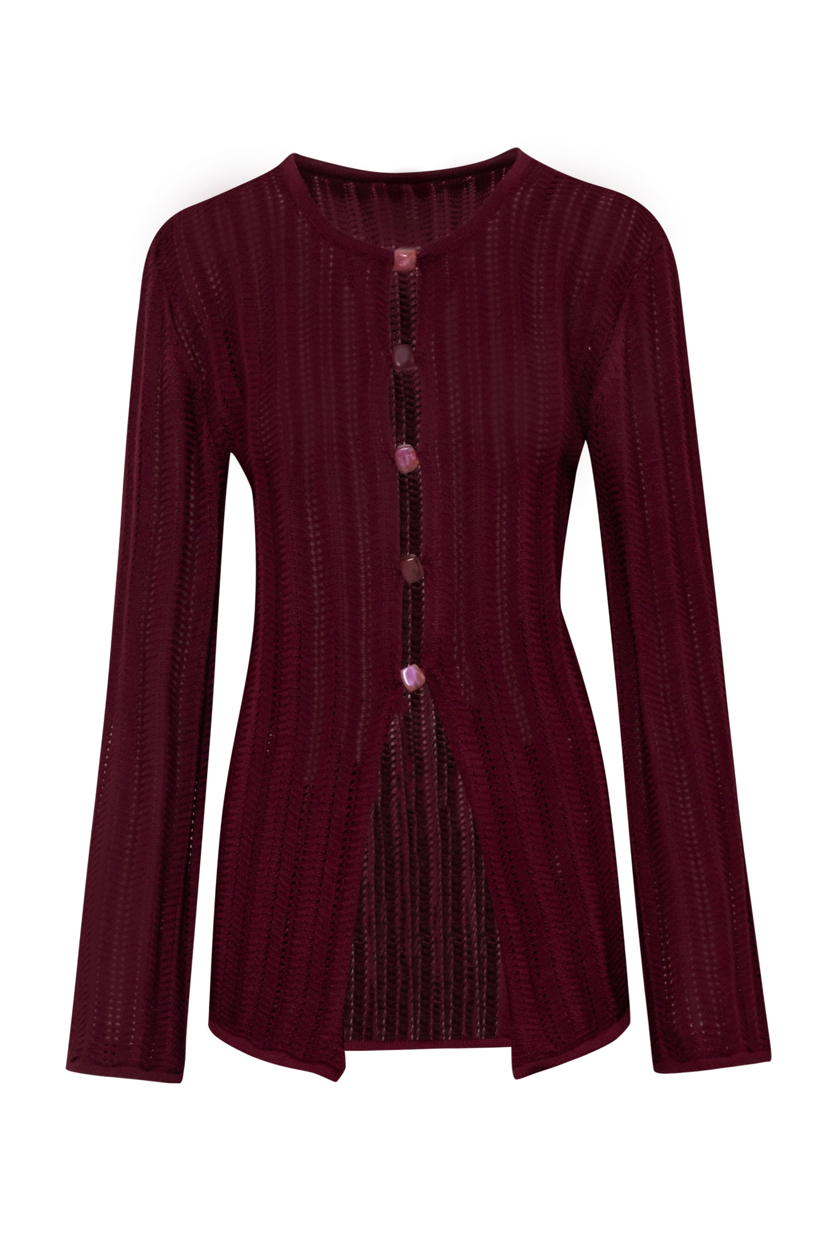 Burgundy Corsica Top, front view with Decorative slit and Long sleeves.