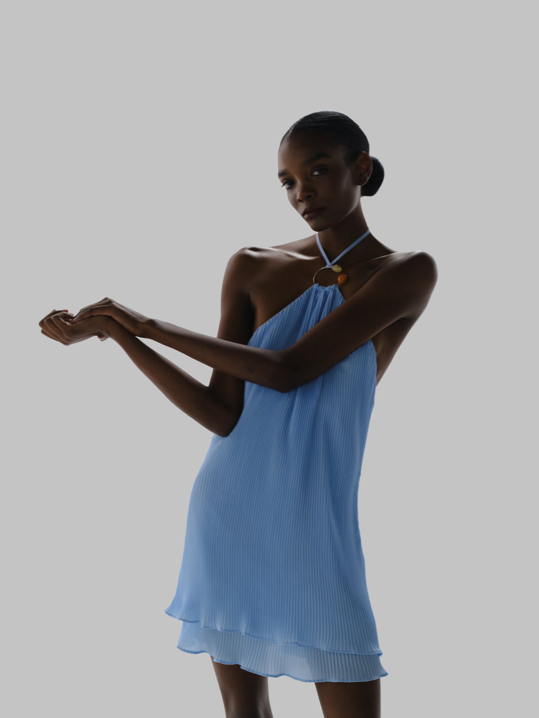 knee length dresses for ladies Pietro Mini Dress Blue in Satin main image 0