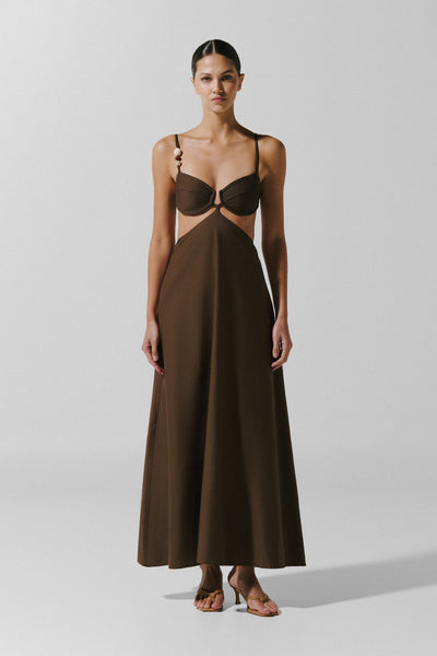 kali maxi dress brown Kalina in Poplin Fit Model is 5’7 #reyes-flats-toffee-snake-embossed Stretch Cotton Poplin One Size:S (4/6)