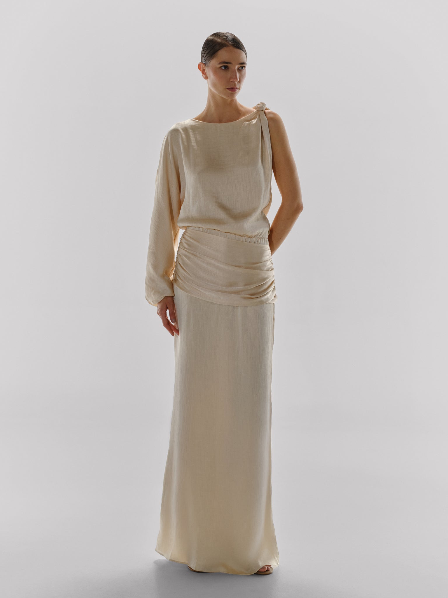 Cosmic Maxi Dress Beige in Satin - Fall Winter 24 INTERNATIONAL BAOBAB Cosmic Maxi Dress Beige in Satin - Fall Winter 24 INTERNATIONAL BAOBAB